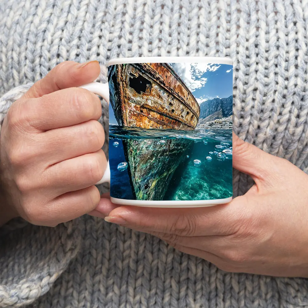 Rusty Shipwreck Split View Clear Ocean Water – Mugs