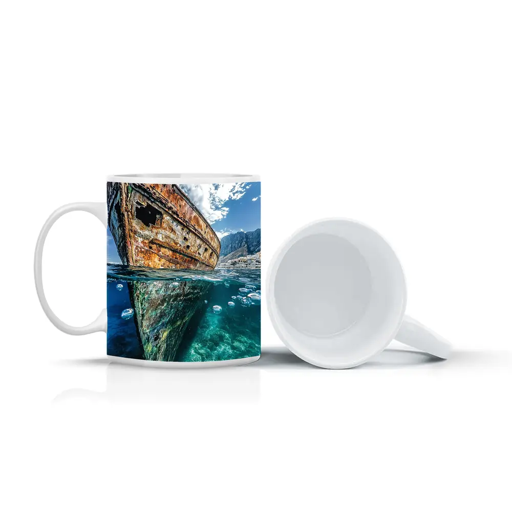 Rusty Shipwreck Split View Clear Ocean Water – Mugs
