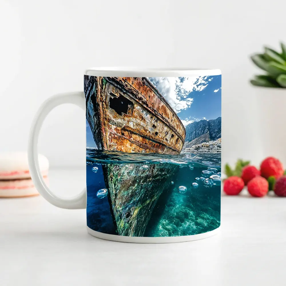 Rusty Shipwreck Split View Clear Ocean Water – Mugs