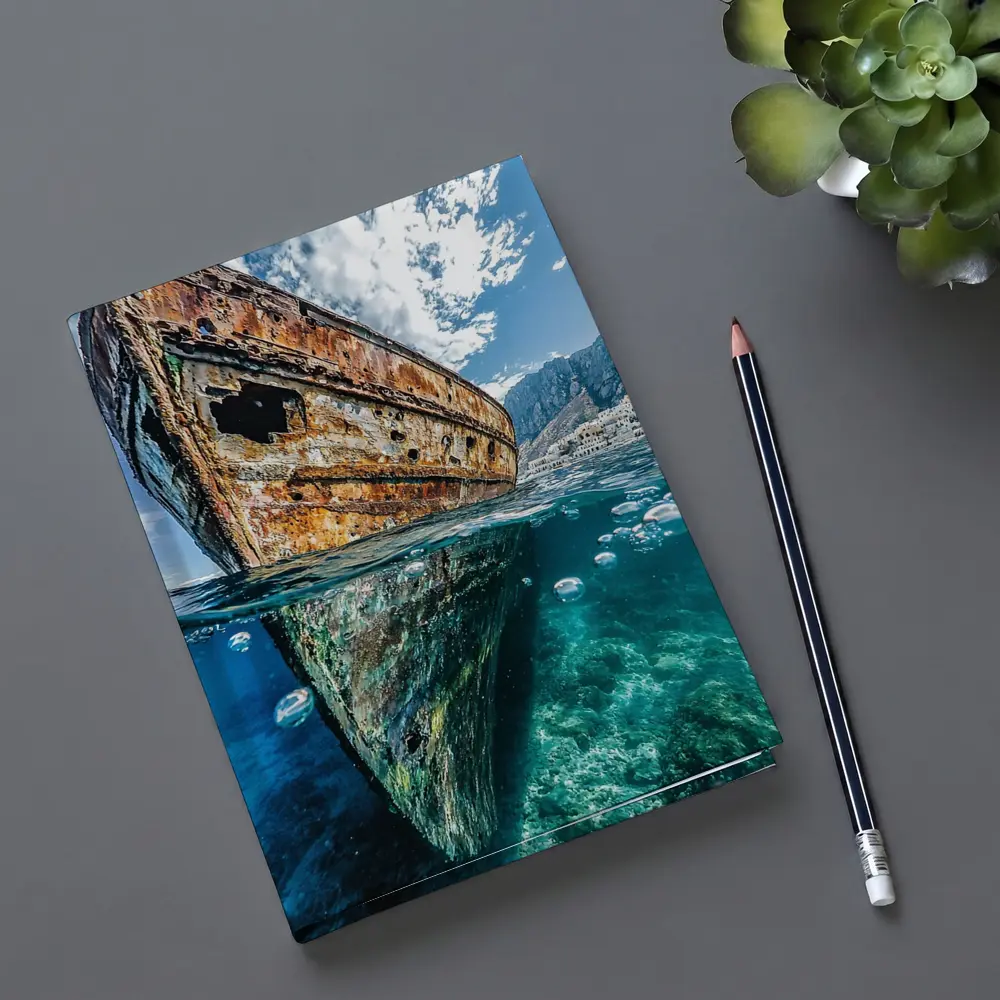 Rusty Shipwreck Split View Clear Ocean Water – Notebooks