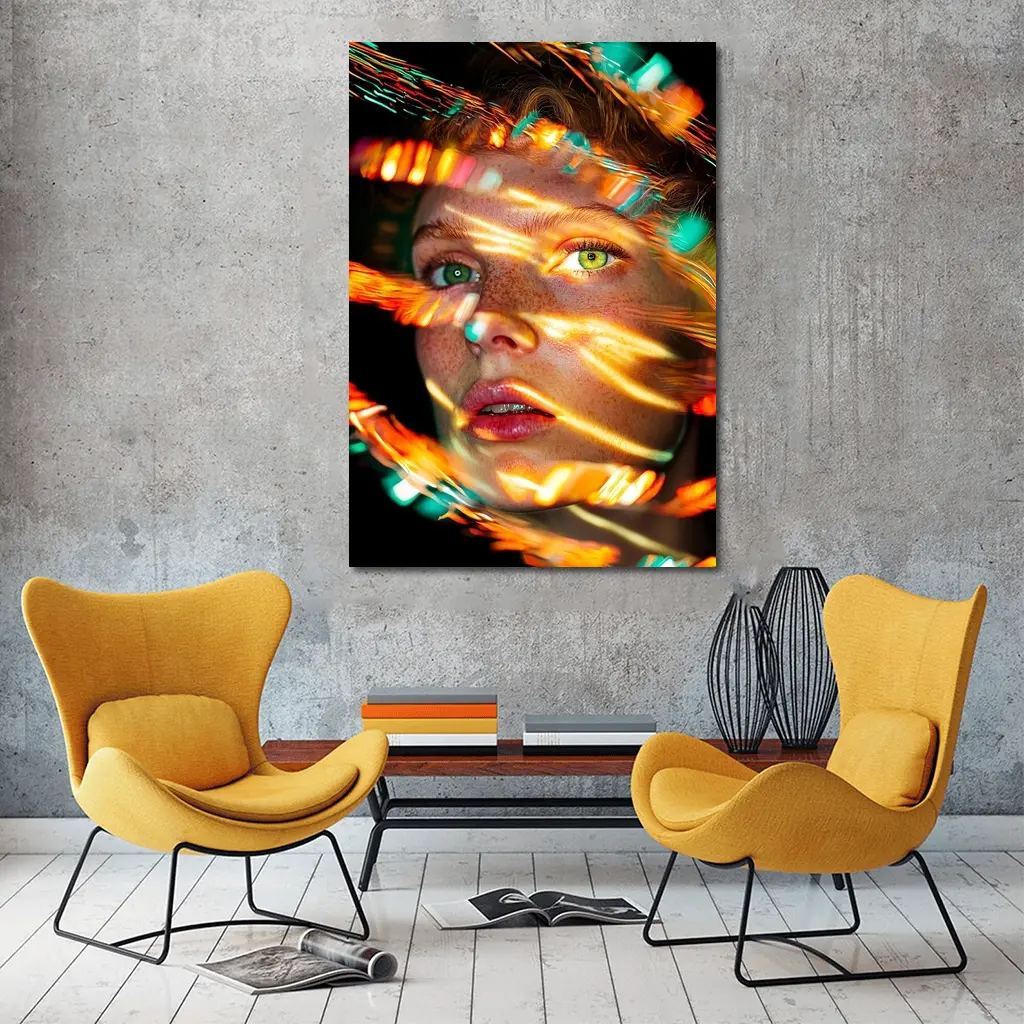 Woman Face Neon Light Streaks Portrait – Wall Art