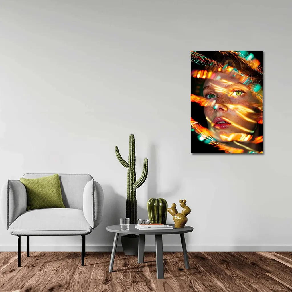 Woman Face Neon Light Streaks Portrait – Wall Art