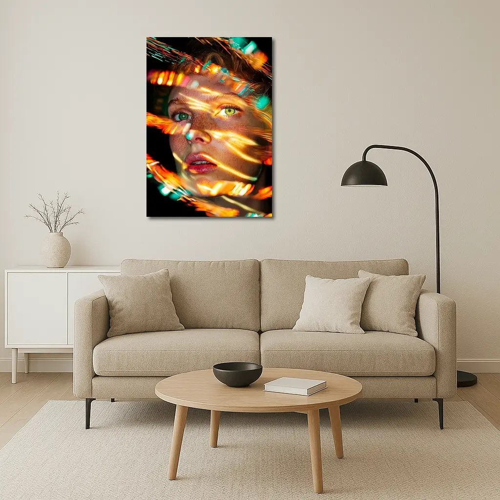 Woman Face Neon Light Streaks Portrait – Wall Art