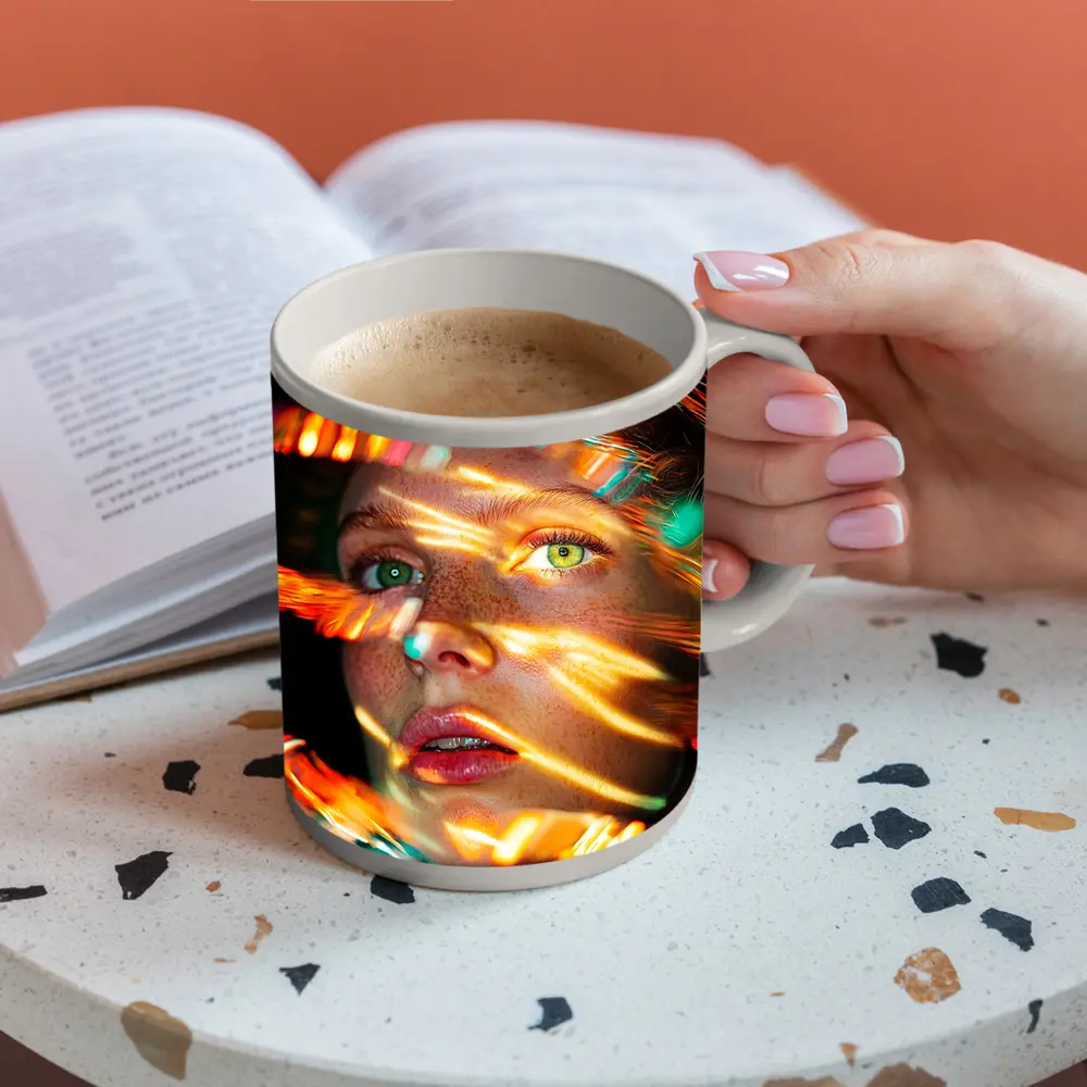 Woman Face Neon Light Streaks Portrait – Mugs