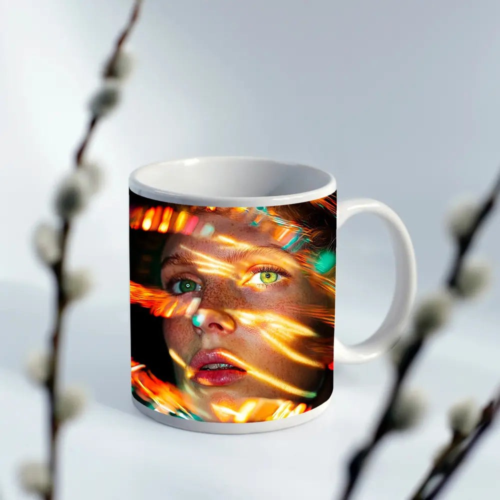 Woman Face Neon Light Streaks Portrait – Mugs