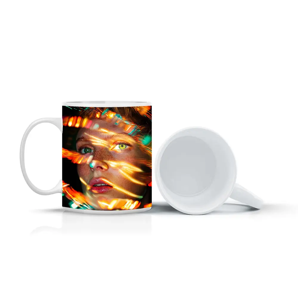 Woman Face Neon Light Streaks Portrait – Mugs