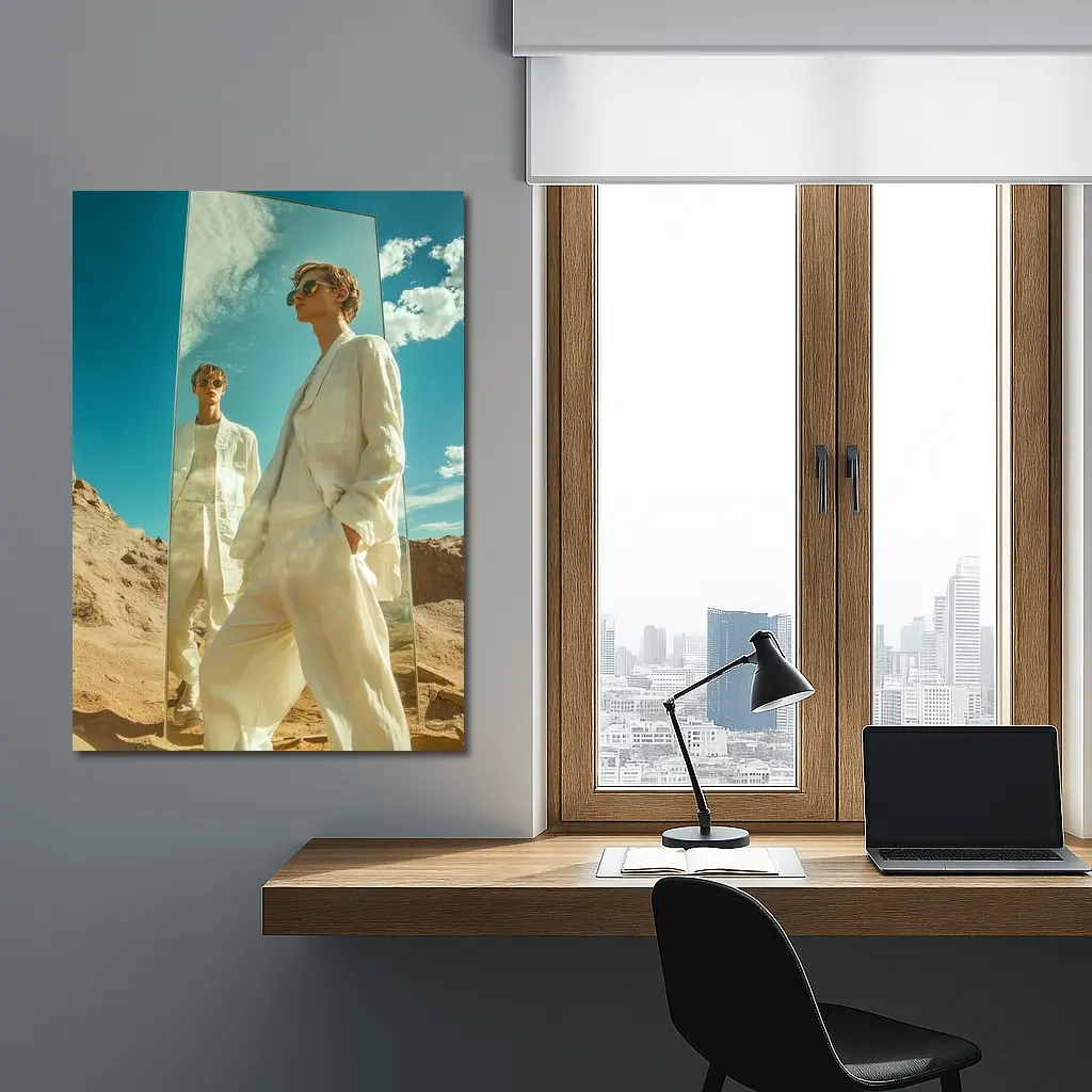 Man White Suit Mirror Desert Landscape – Wall Art