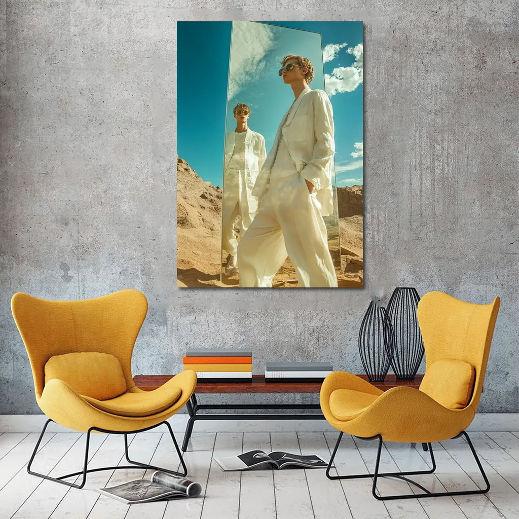 Man White Suit Mirror Desert Landscape – Wall Art