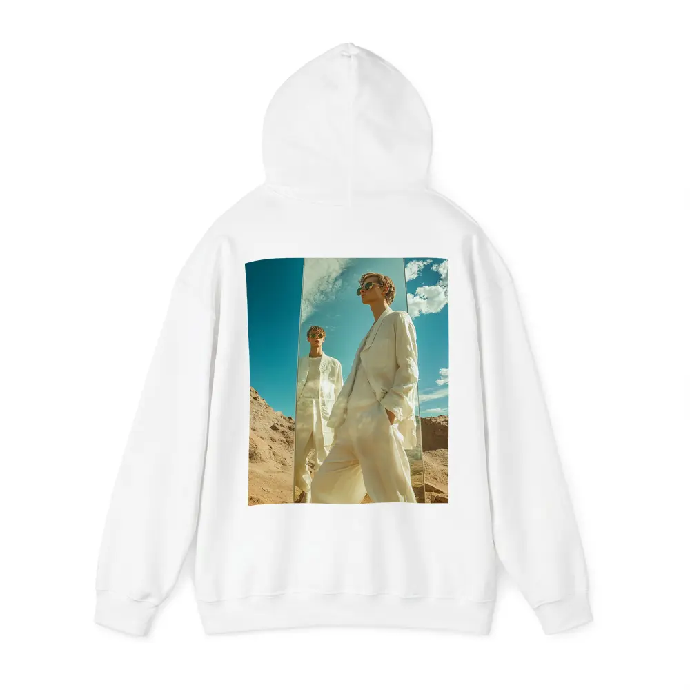 Man White Suit Mirror Desert Landscape – Hoodies