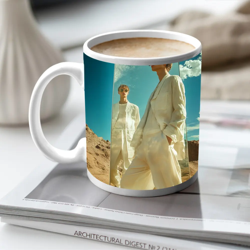 Man White Suit Mirror Desert Landscape – Mugs