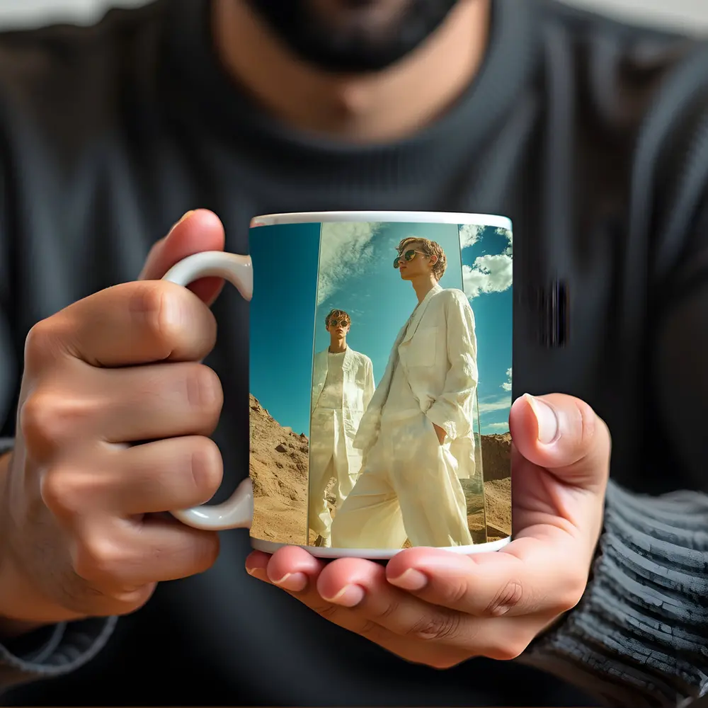 Man White Suit Mirror Desert Landscape – Mugs