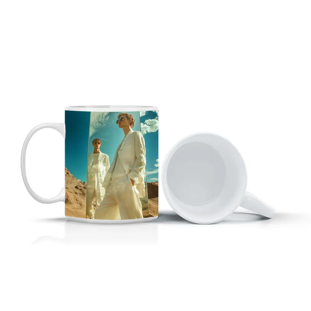 Man White Suit Mirror Desert Landscape – Mugs