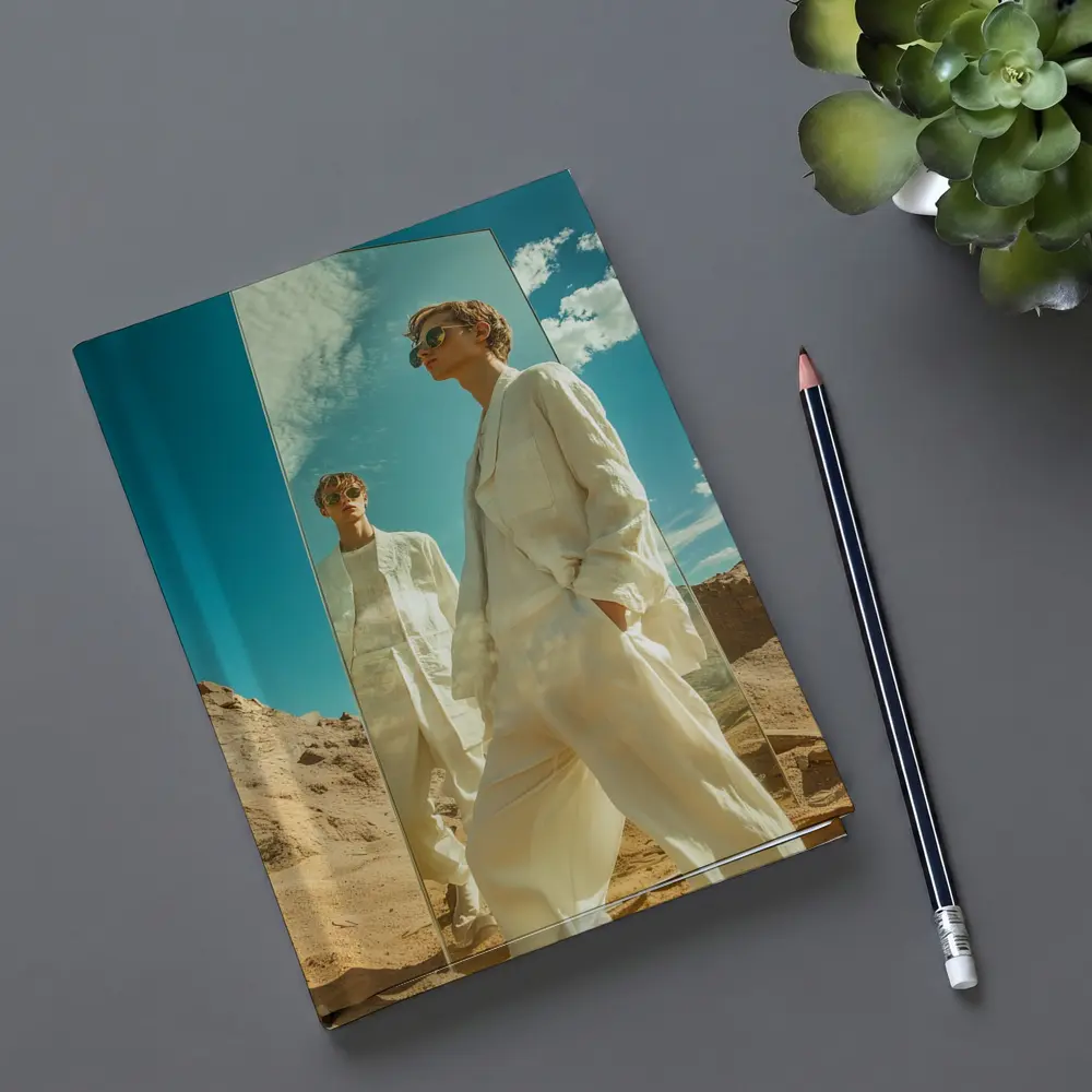 Man White Suit Mirror Desert Landscape – Notebooks