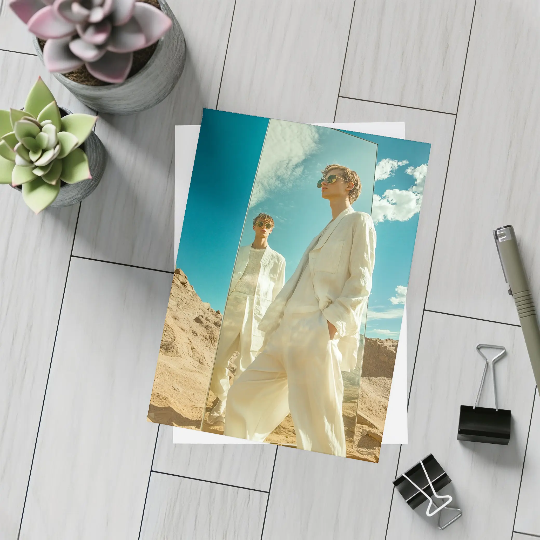Man White Suit Mirror Desert Landscape – Postcards