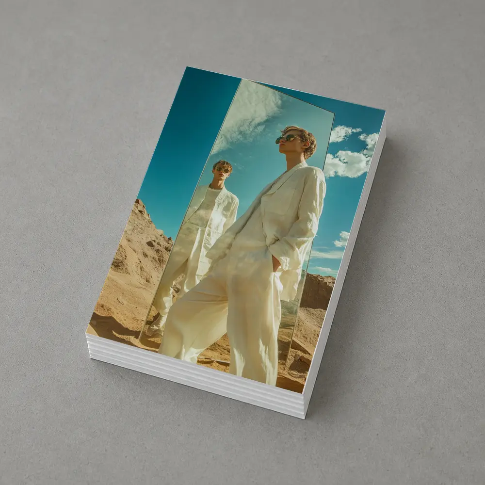 Man White Suit Mirror Desert Landscape – Postcards