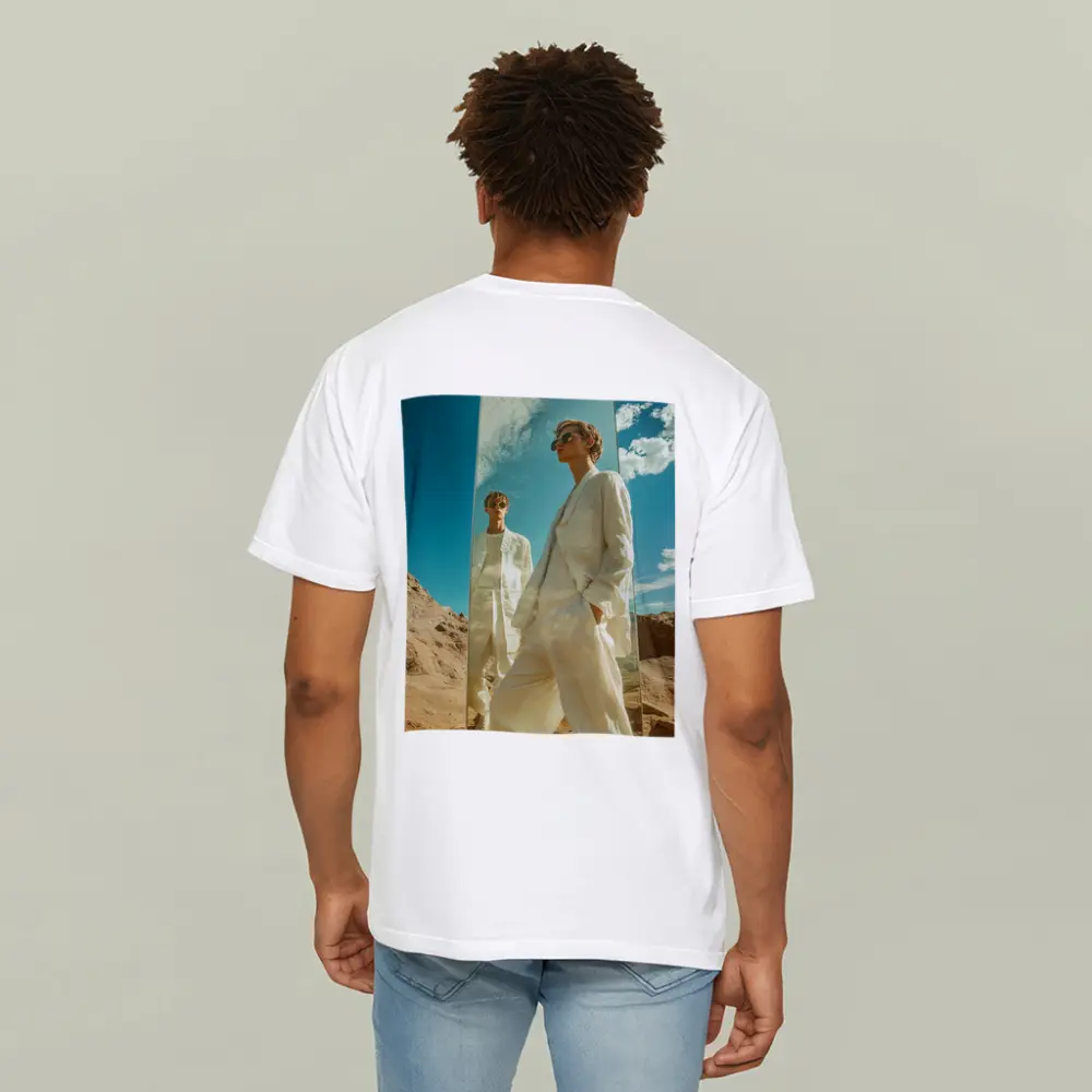 Man White Suit Mirror Desert Landscape – T-Shirts