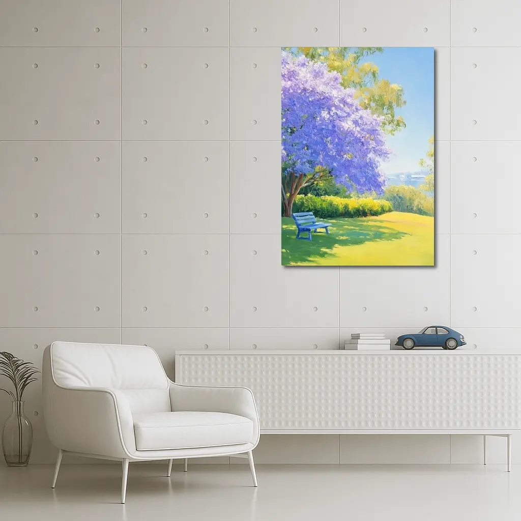 Jacaranda Tree Park Bench Oil Painting – Wall Art