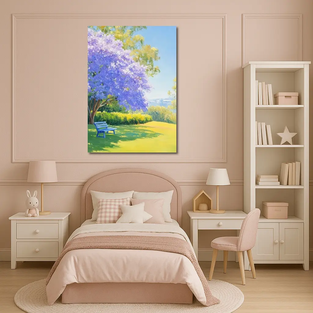 Jacaranda Tree Park Bench Oil Painting – Wall Art