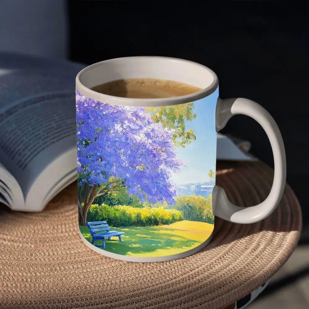 Jacaranda Tree Park Bench Oil Painting – Mugs