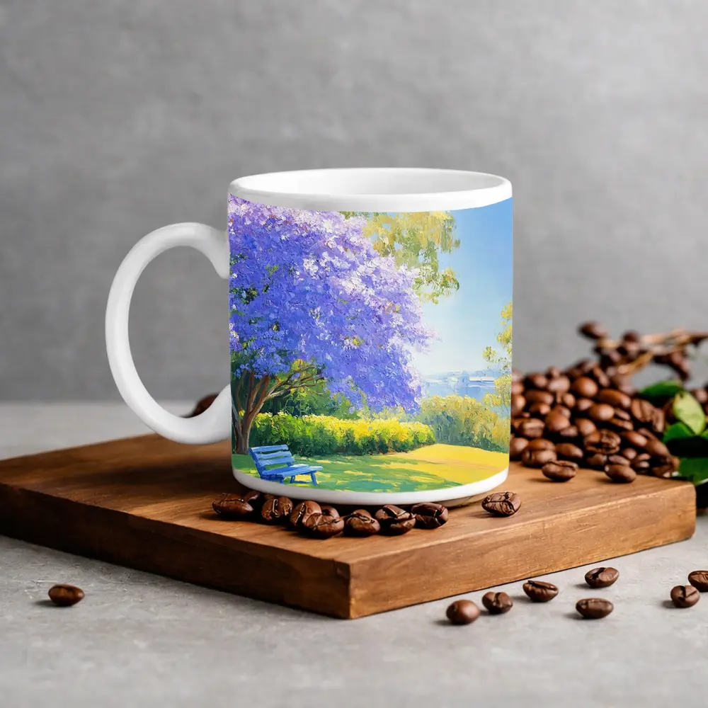 Jacaranda Tree Park Bench Oil Painting – Mugs