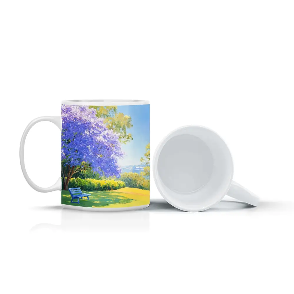 Jacaranda Tree Park Bench Oil Painting – Mugs