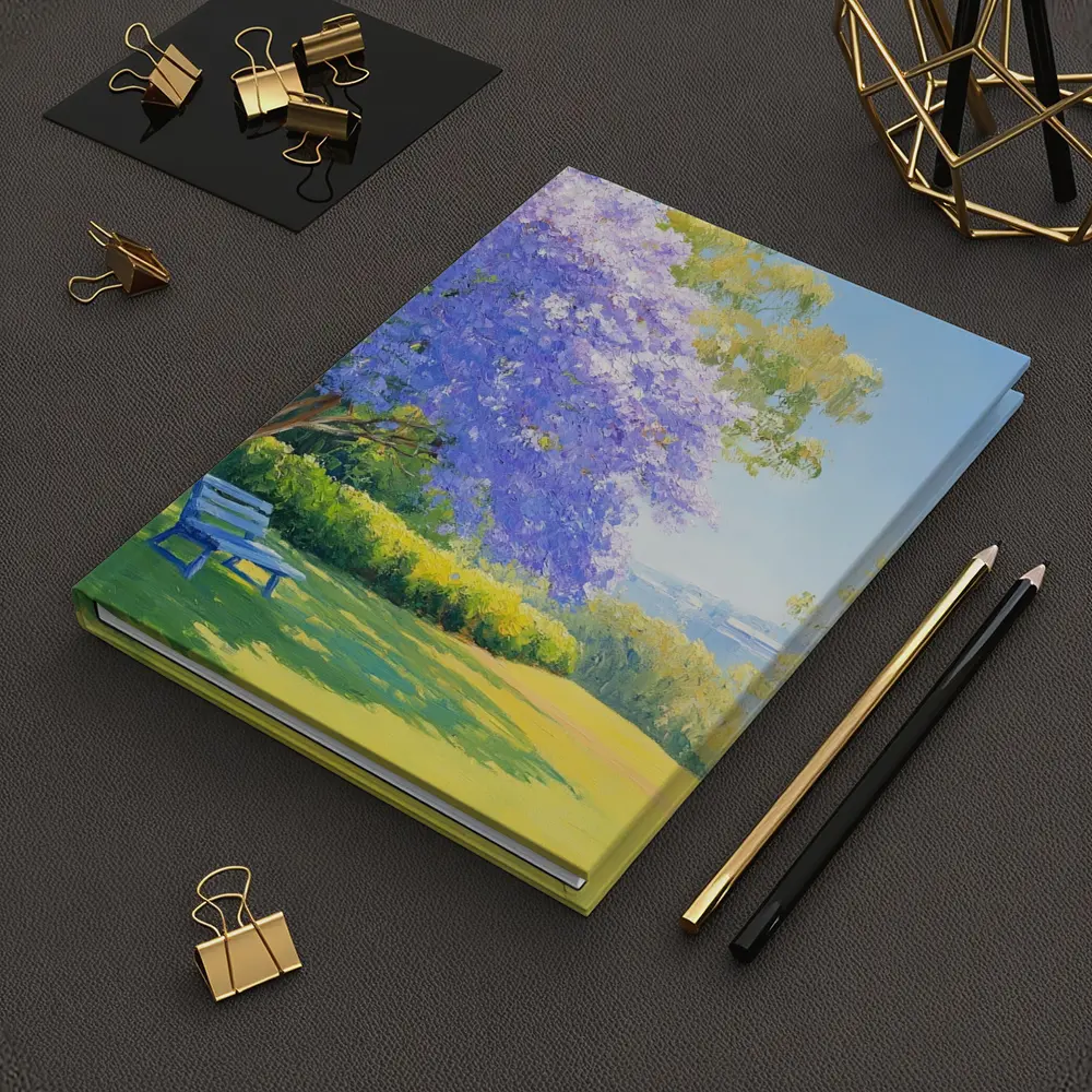 Jacaranda Tree Park Bench Oil Painting – Notebooks