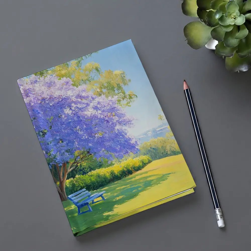 Jacaranda Tree Park Bench Oil Painting – Notebooks