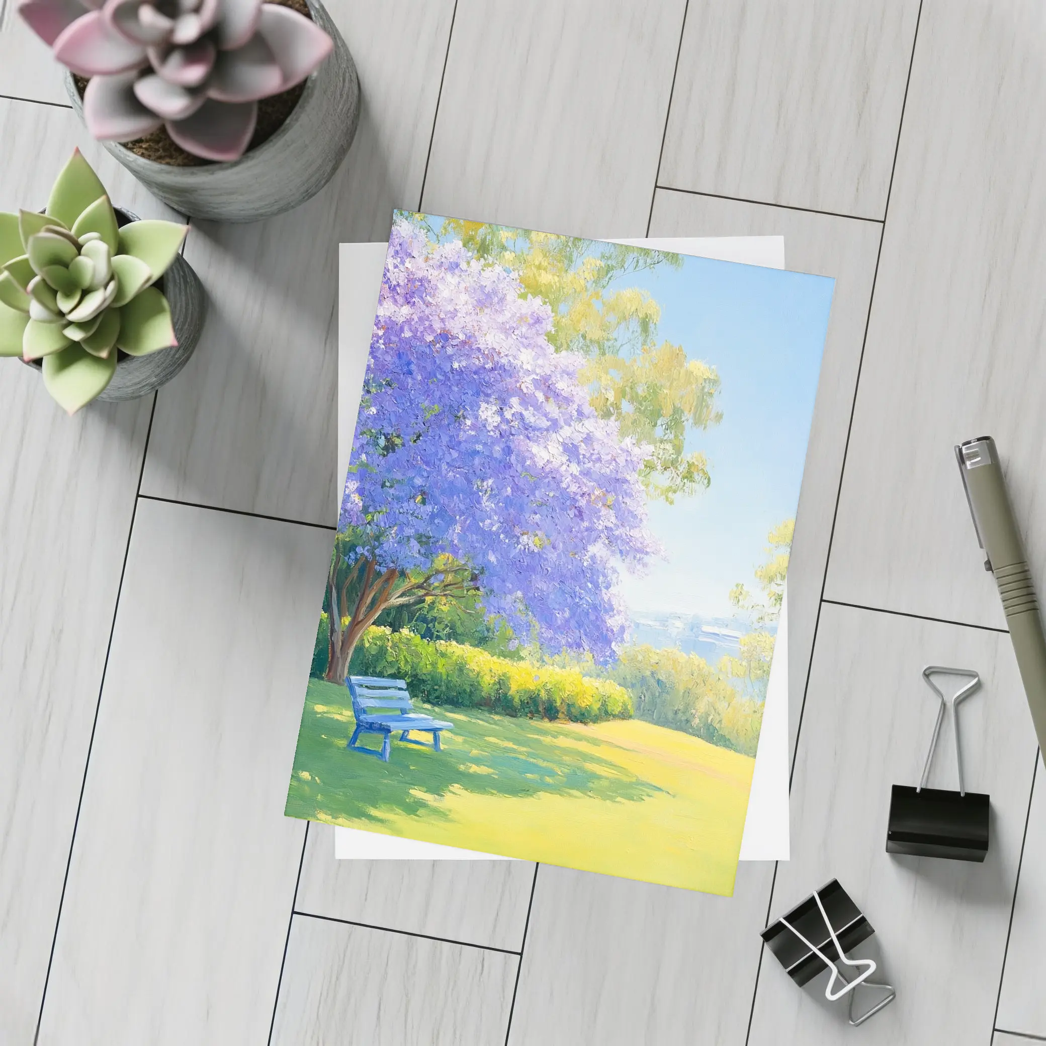 Jacaranda Tree Park Bench Oil Painting – Postcards
