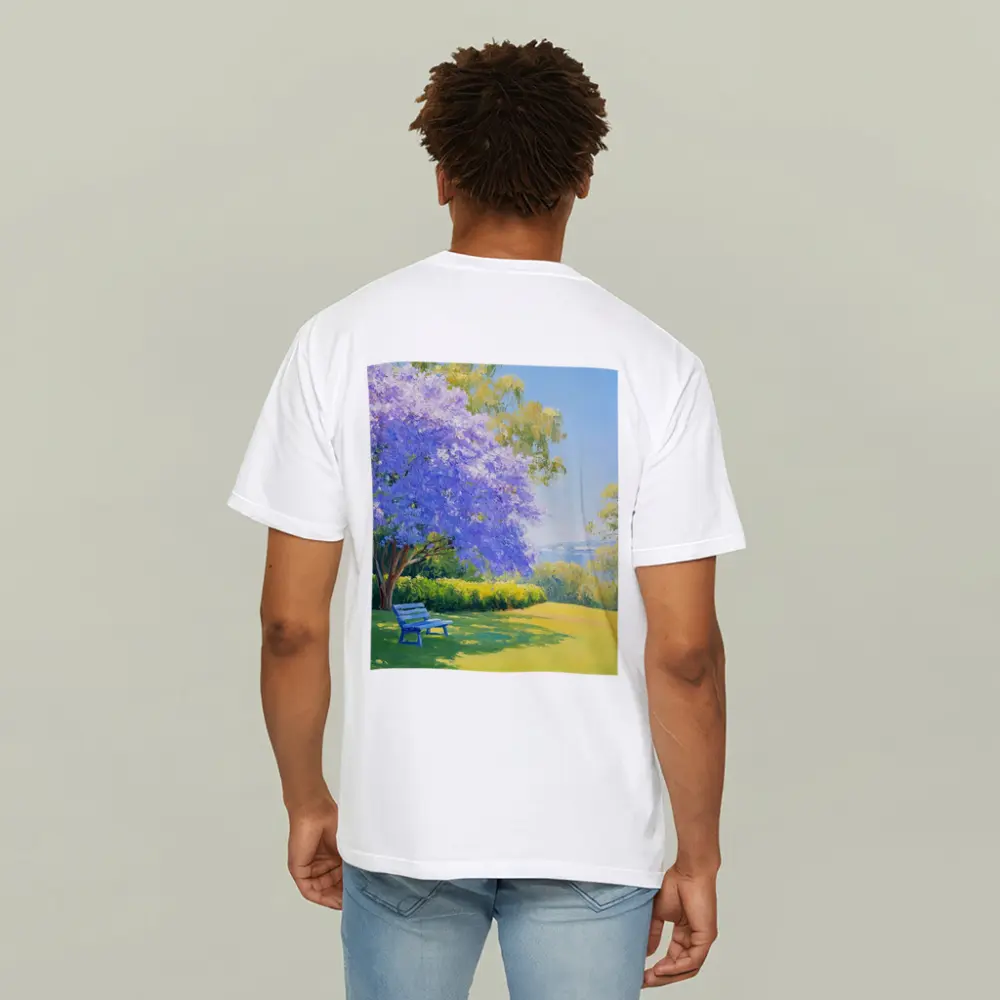 Jacaranda Tree Park Bench Oil Painting – T-Shirts