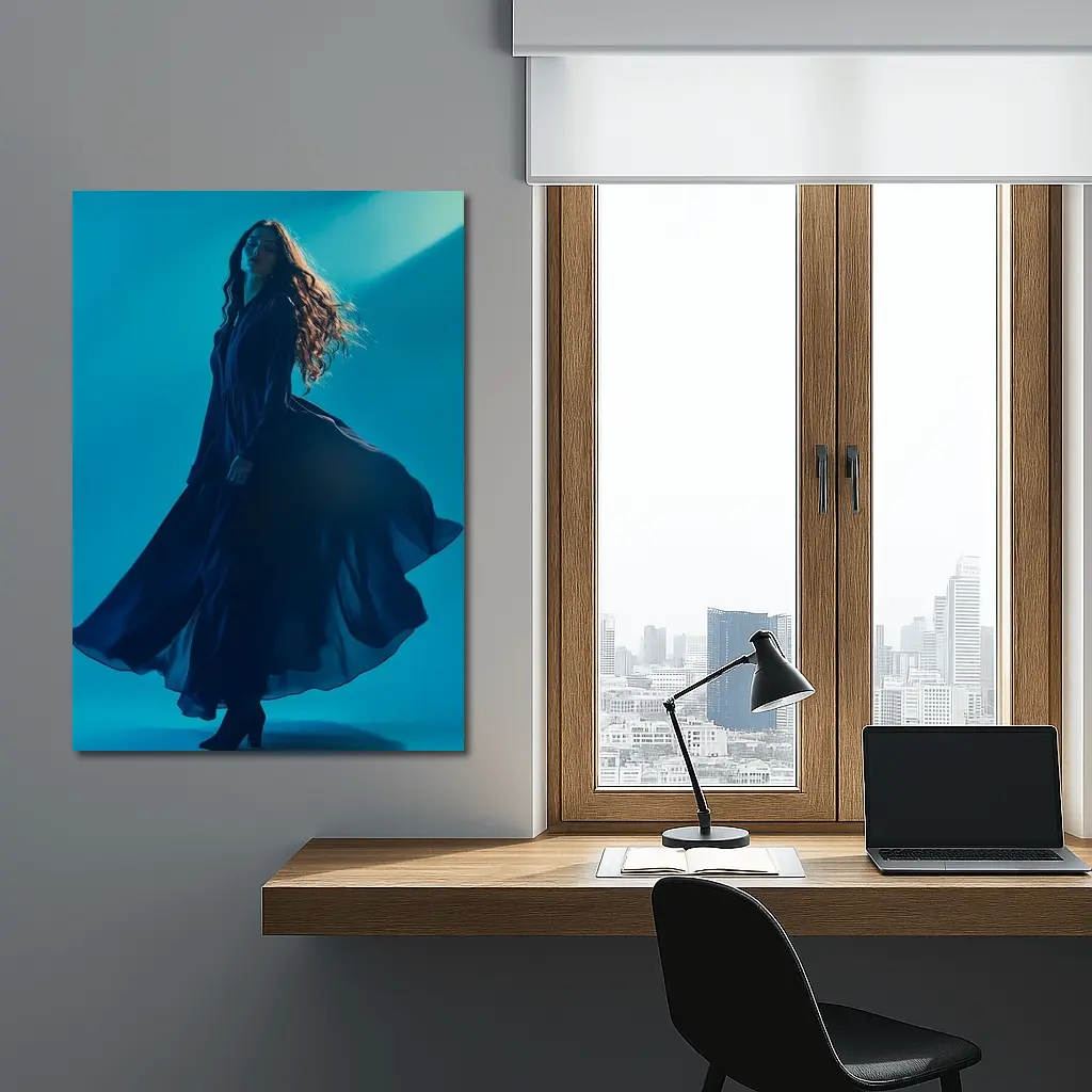 Woman Blue Flowing Dress Teal Background – Wall Art