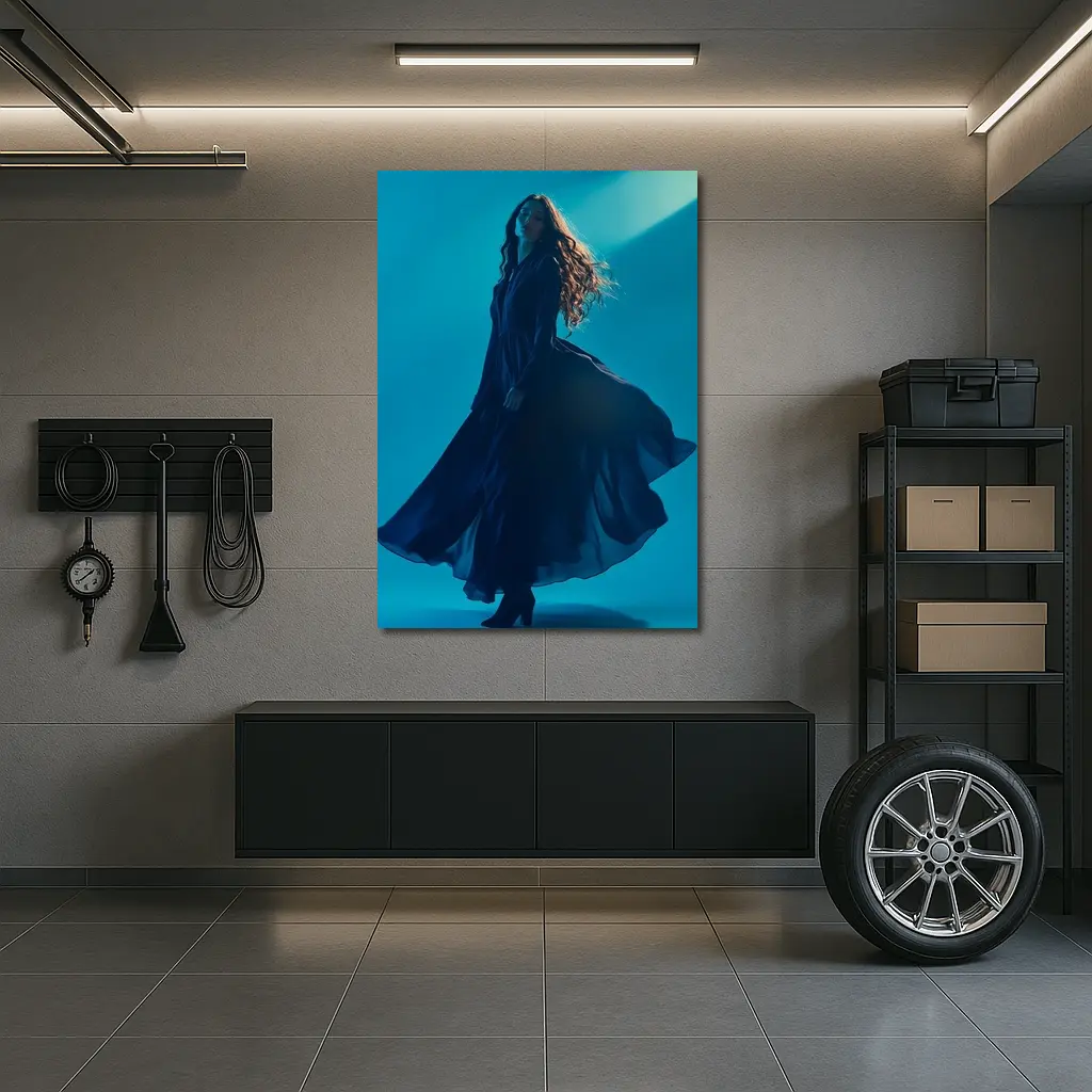 Woman Blue Flowing Dress Teal Background – Wall Art