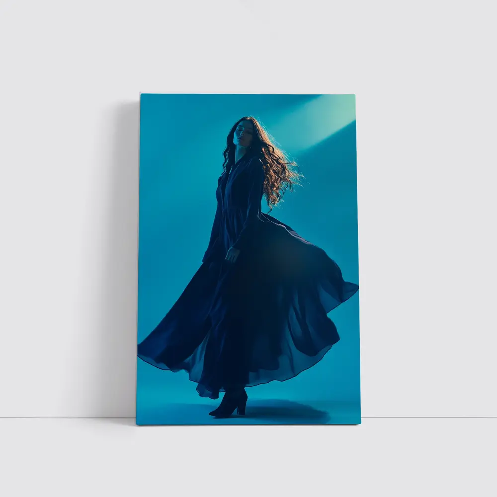 Woman Blue Flowing Dress Teal Background – Wall Art