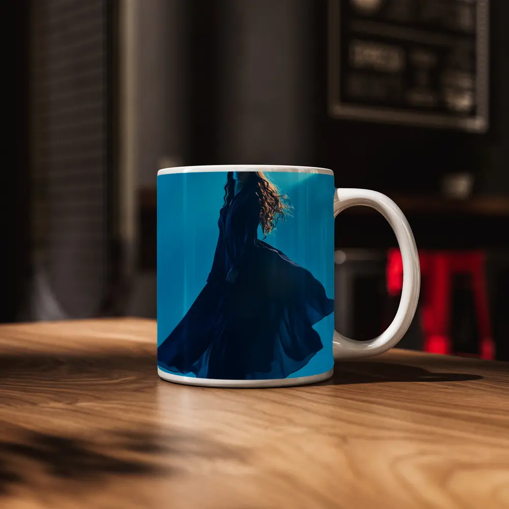 Woman Blue Flowing Dress Teal Background – Mugs