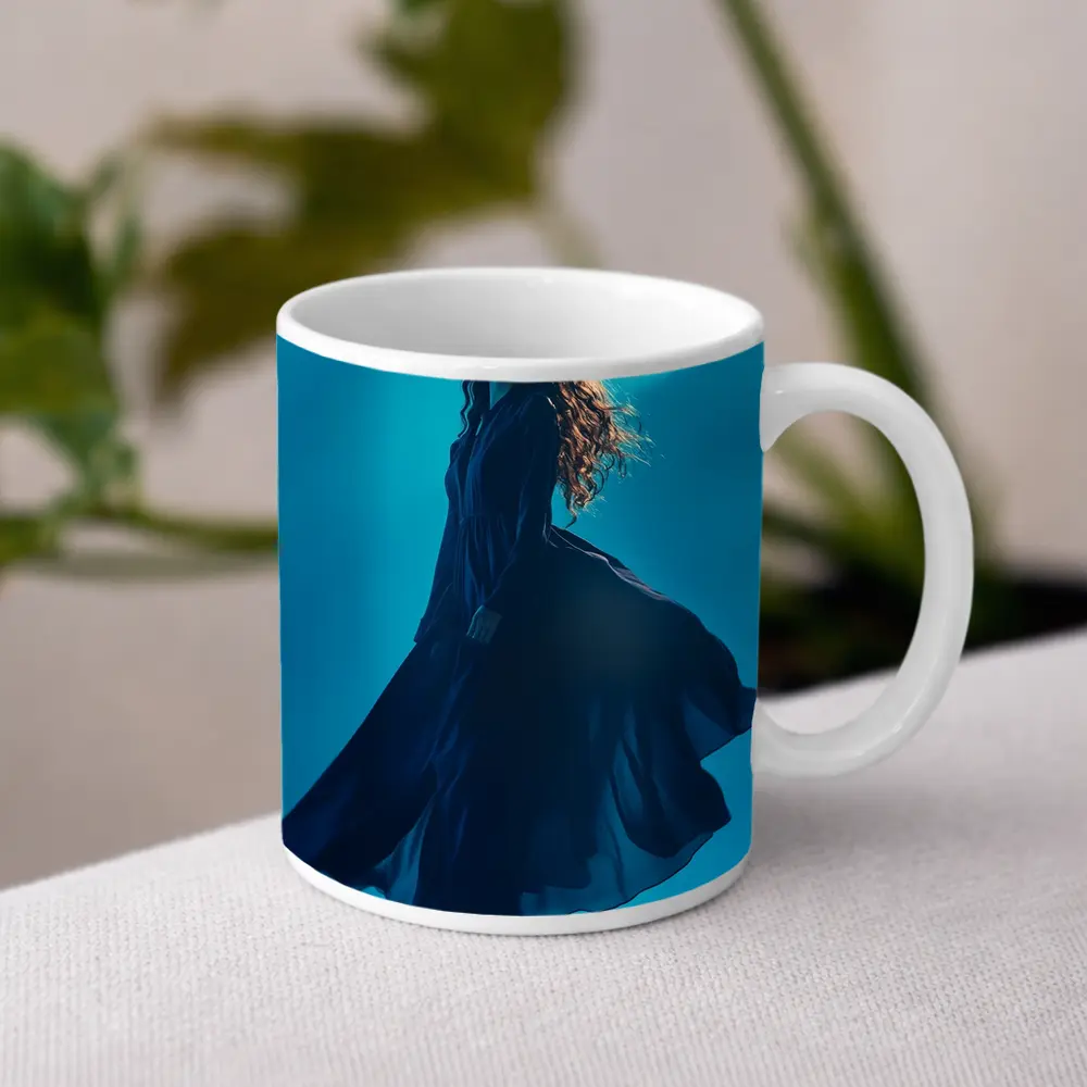 Woman Blue Flowing Dress Teal Background – Mugs