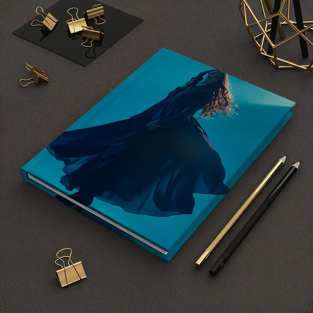 Woman Blue Flowing Dress Teal Background – Notebooks