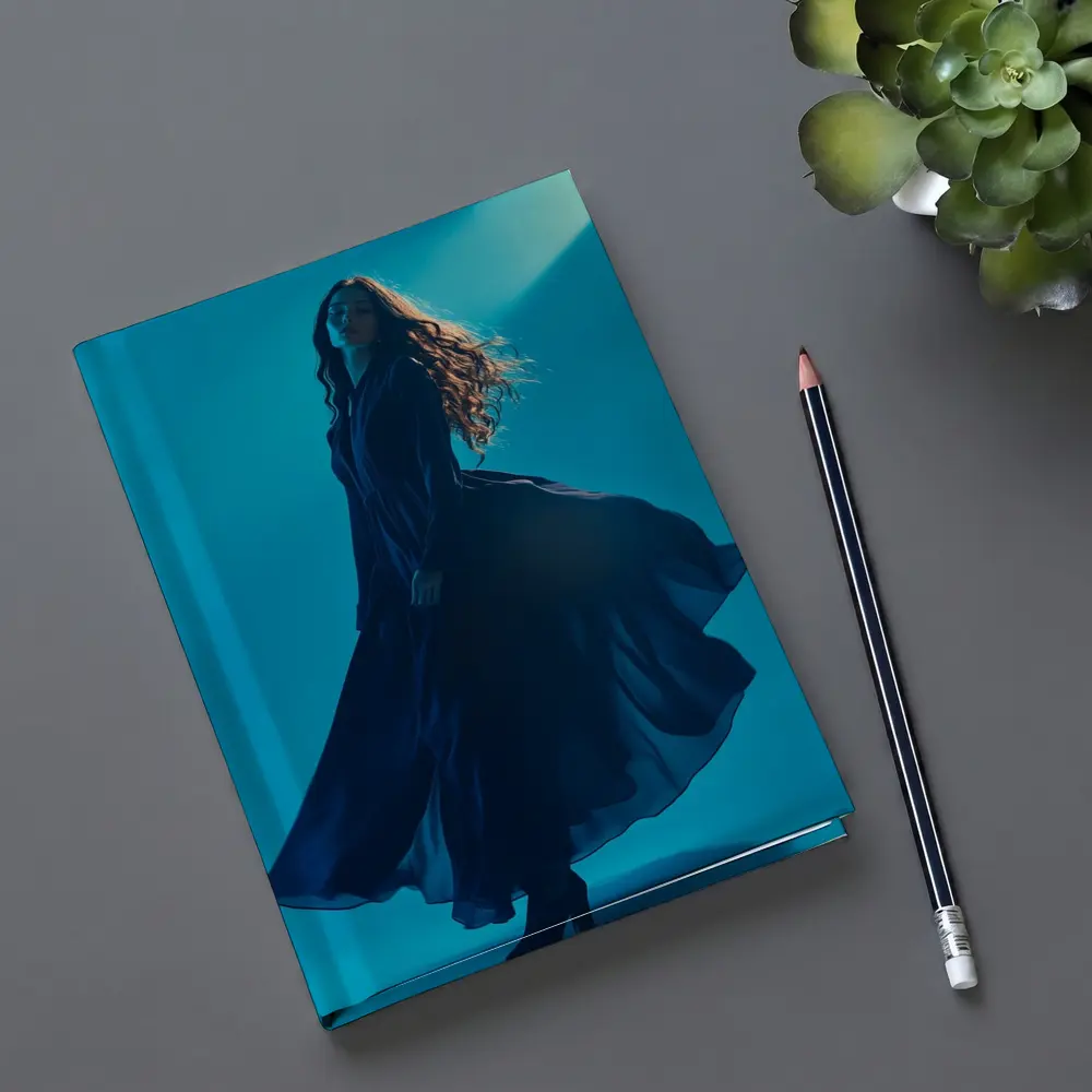 Woman Blue Flowing Dress Teal Background – Notebooks