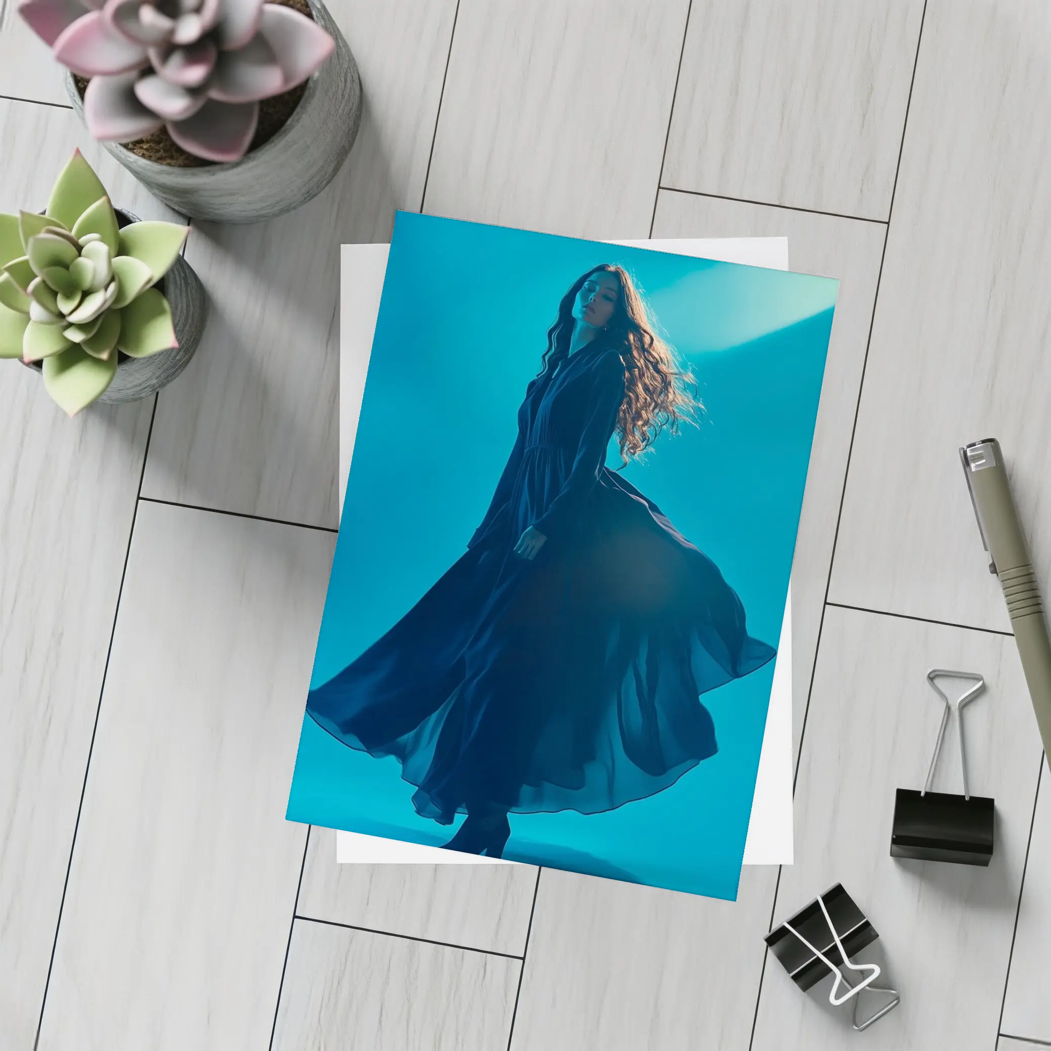 Woman Blue Flowing Dress Teal Background – Postcards