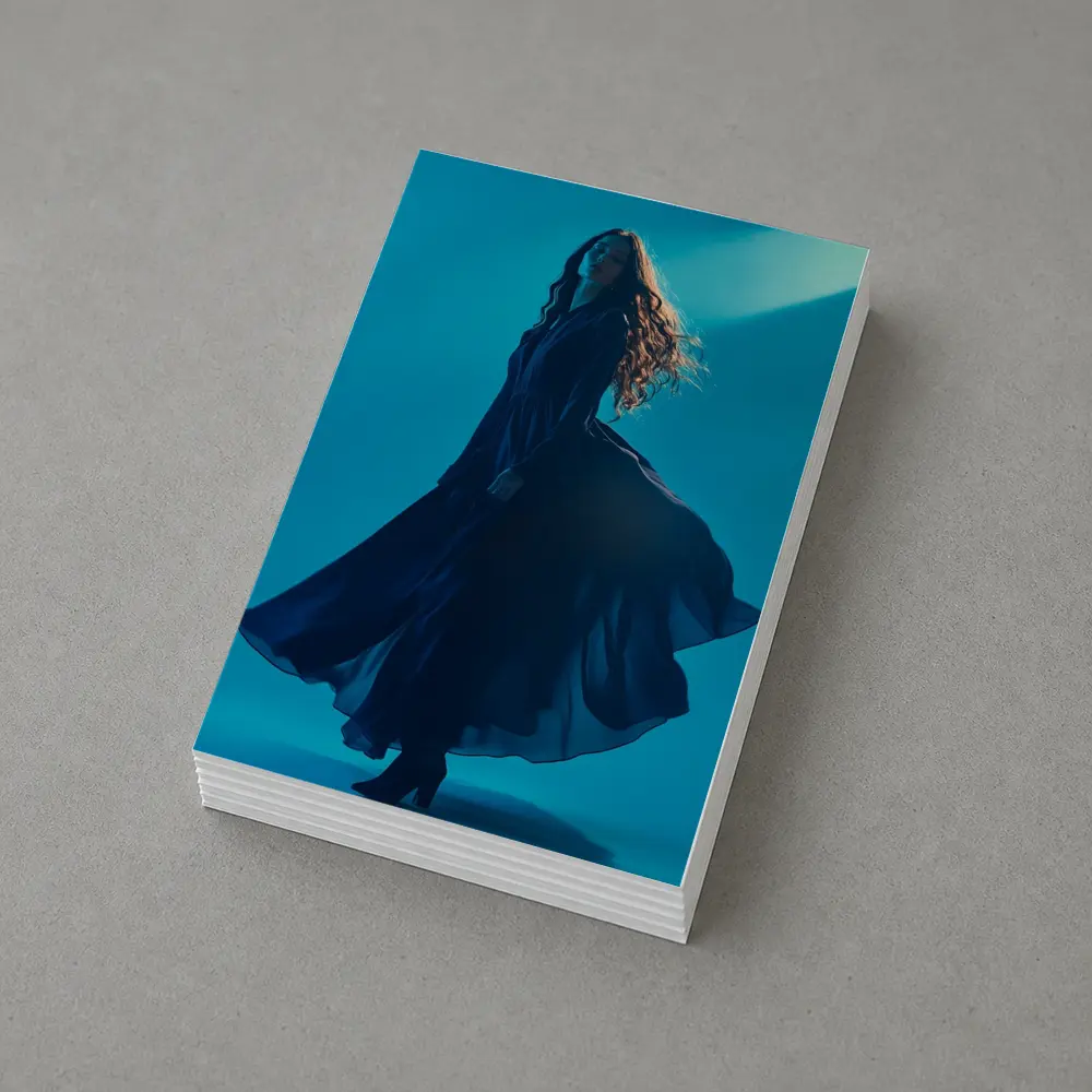 Woman Blue Flowing Dress Teal Background – Postcards