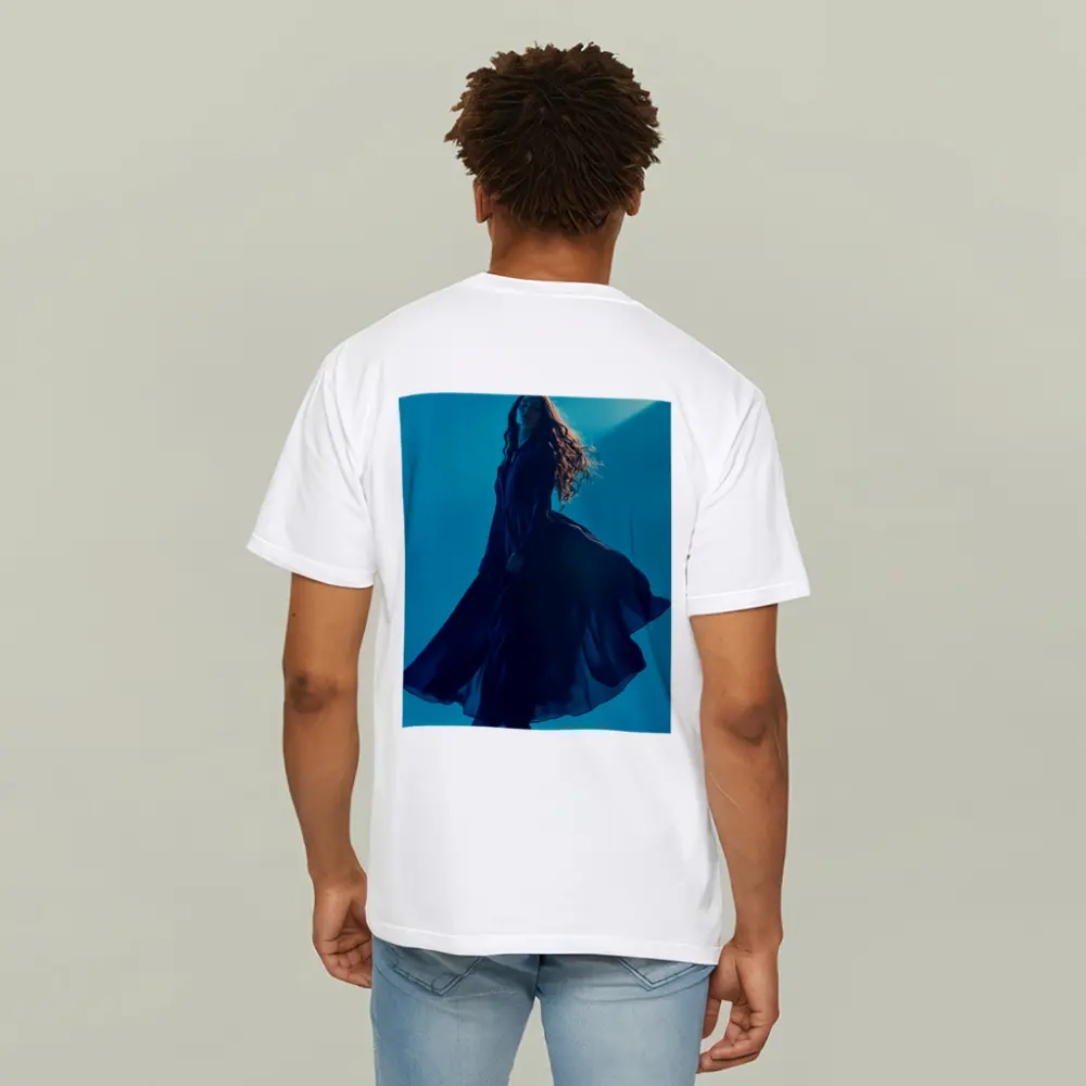 Woman Blue Flowing Dress Teal Background – T-Shirts