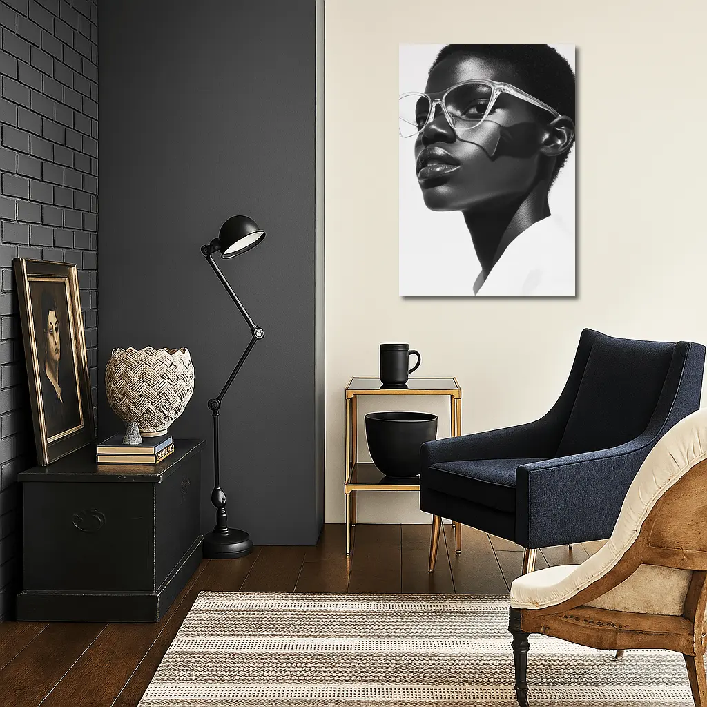 Black and White Woman Portrait Clear Glasses – Wall Art