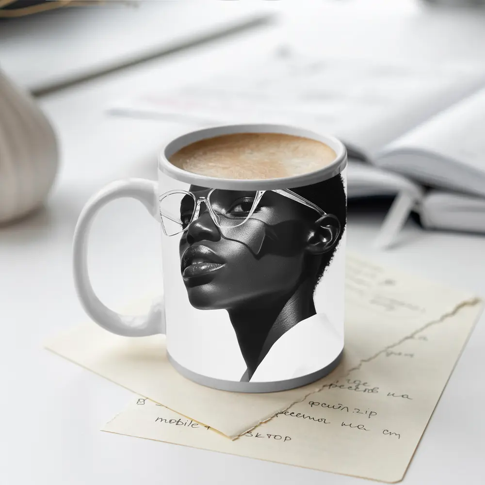 Black and White Woman Portrait Clear Glasses – Mugs