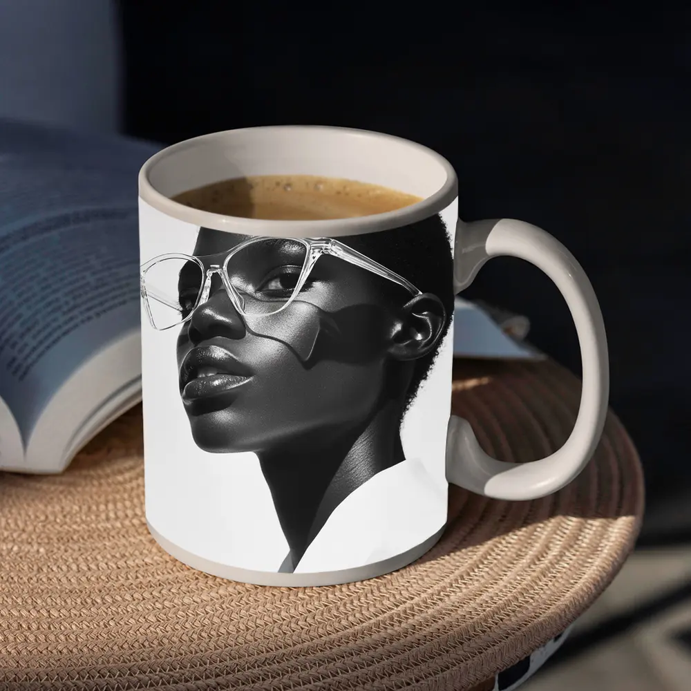 Black and White Woman Portrait Clear Glasses – Mugs
