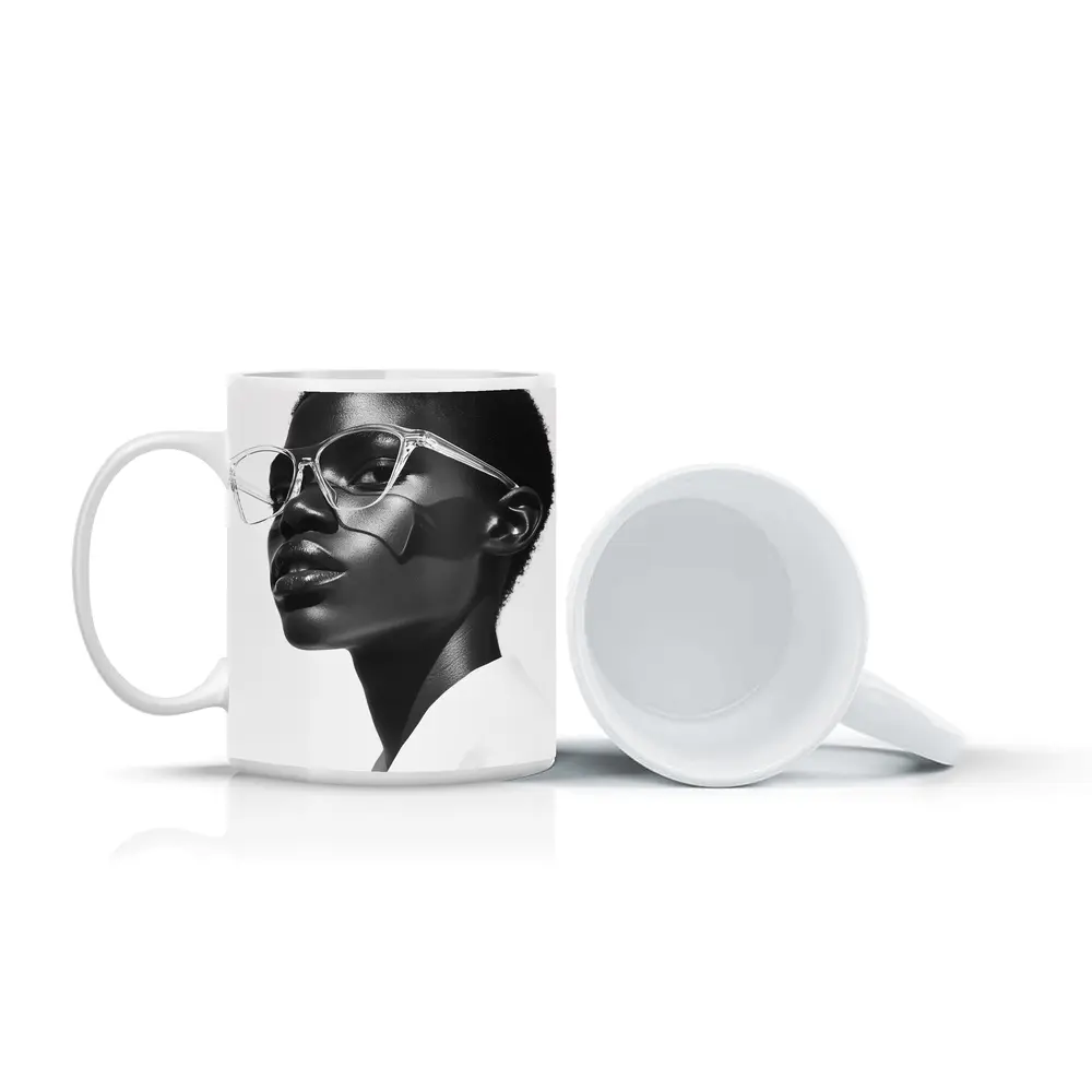 Black and White Woman Portrait Clear Glasses – Mugs