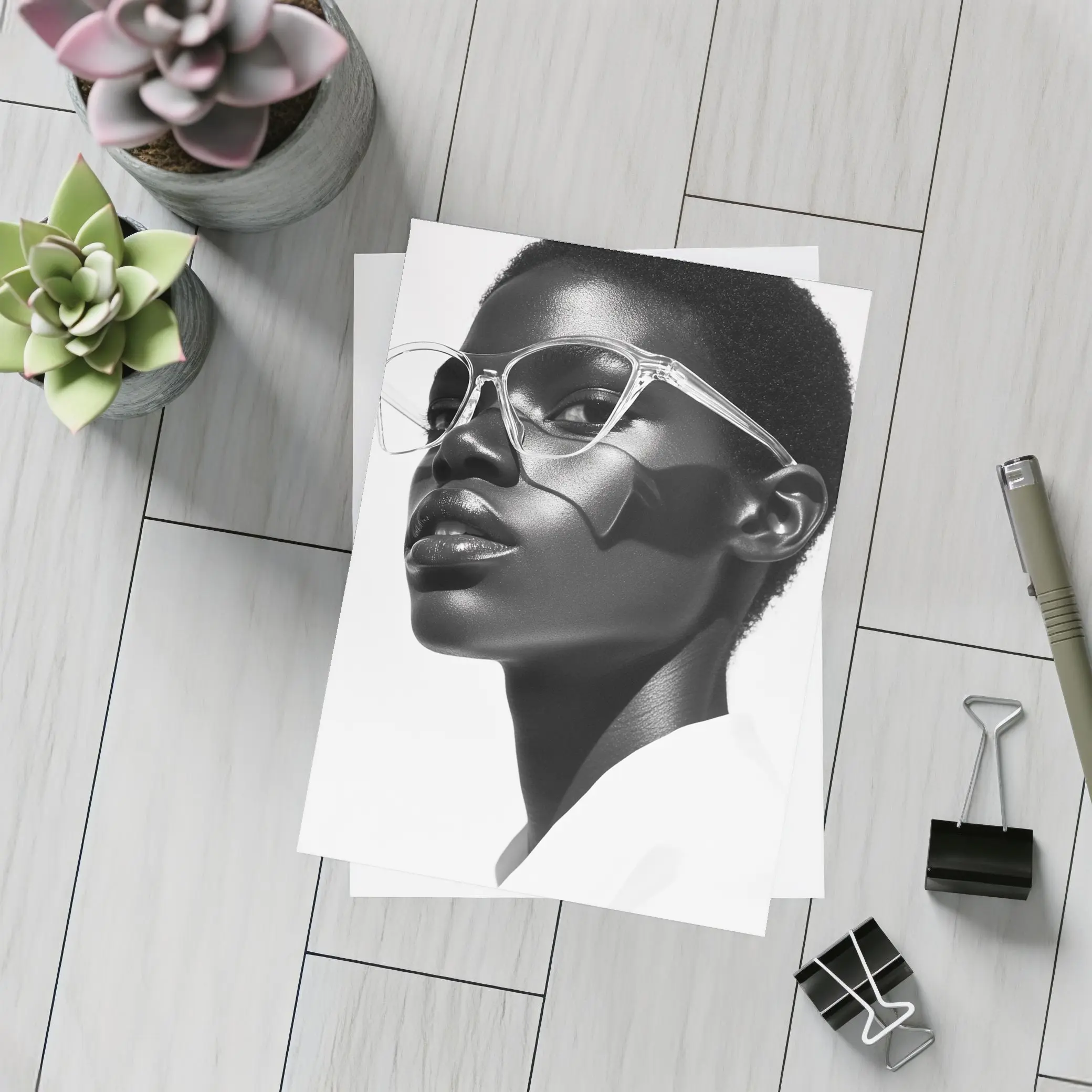 Black and White Woman Portrait Clear Glasses – Postcards