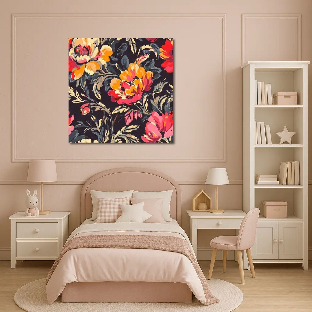 Bold Peony Floral Pattern Dark Background – Wall Art