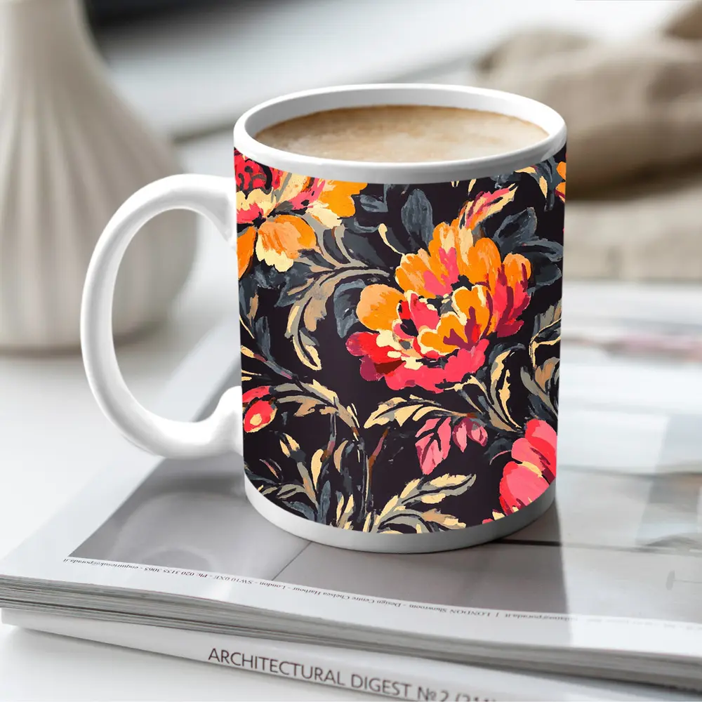 Bold Peony Floral Pattern Dark Background – Mugs