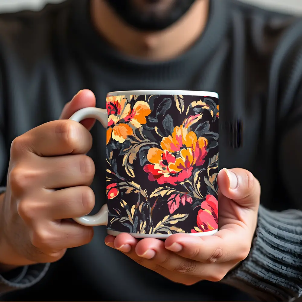 Bold Peony Floral Pattern Dark Background – Mugs