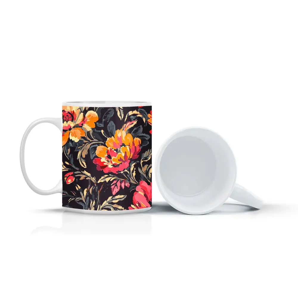 Bold Peony Floral Pattern Dark Background – Mugs
