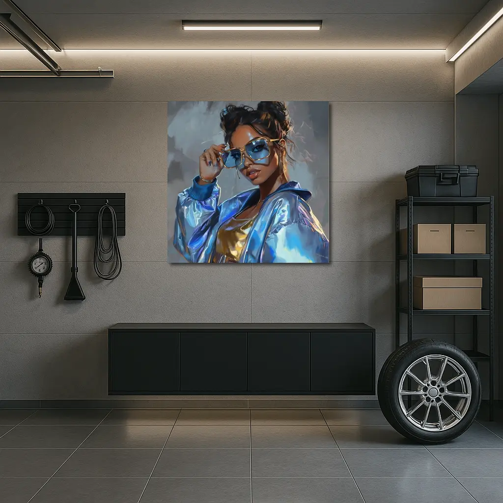 Stylish Woman Gold Sunglasses Holographic Blue Jacket – Wall Art