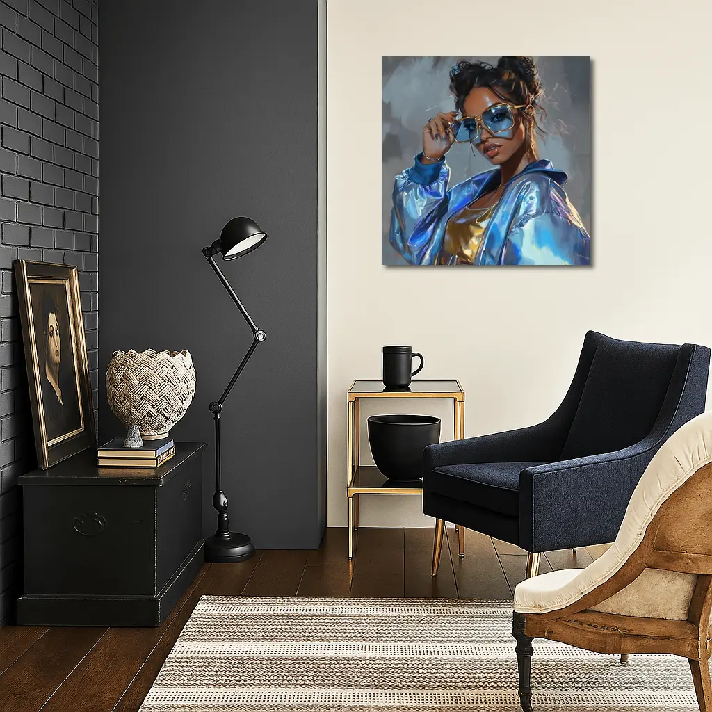 Stylish Woman Gold Sunglasses Holographic Blue Jacket – Wall Art